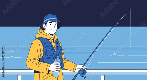 Fisherman Standing Calmly by the Sea, Fishing with a Rod on a Perfect Day Outdoors