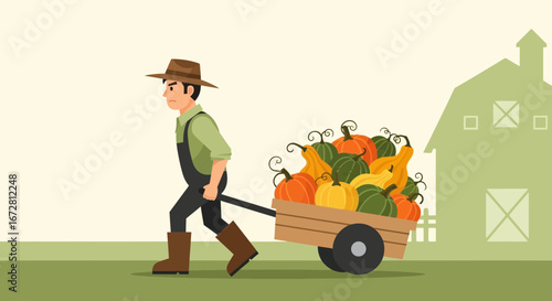Farmer Harvesting a Bumper Squash Crop for Autumn Season with Barn in the Background