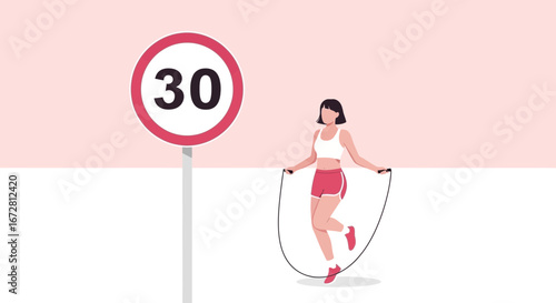 Fitness Enthusiast Jumping Rope With A Speed Limit Sign Depicting 30 Minutes Of Exercise