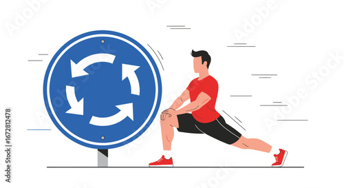 Fitness Road With A Man Doing Stretching Exercises Near A Circular Road Sign