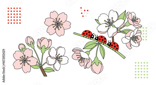 Floral Branch Featuring Blossoms And Ladybugs, Displaying A Harmonious Design Aesthetic