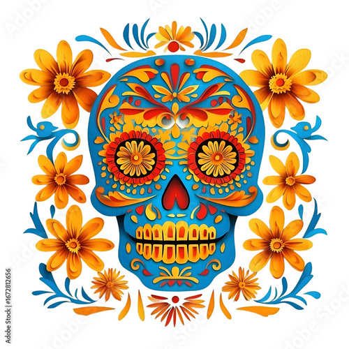 Colorful sugar skull with floral decoration isolated on transparent background, traditional Dia de los Muertos Mexican art, festive skull illustration design

