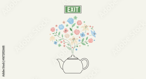 Floral Escape Blossoming From Teapot Beneath Exit Sign For Artistic Design Needs