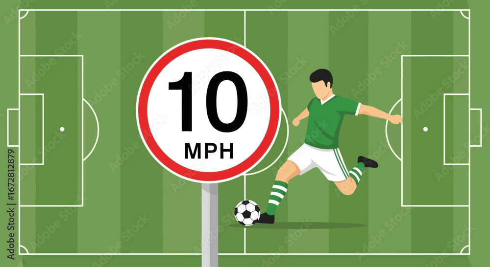 Fototapeta premium Footballer Kicking A Ball On A Field In A Soccer Match With A Speed Limit Sign
