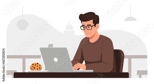 Focused Individual Working On Computer With A Snack At Simple Cafe Interior