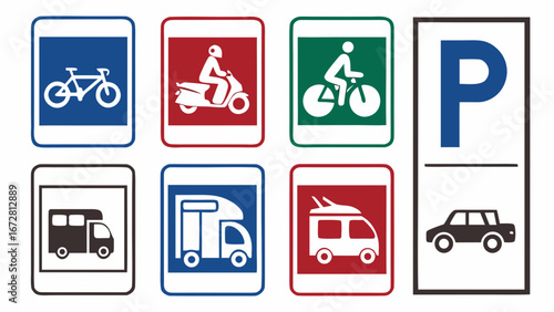 Parking sign set. Parking sign: car, bicycle, motorcycle, bus, disabled person, campervan, visitor parking signboard. Vector 