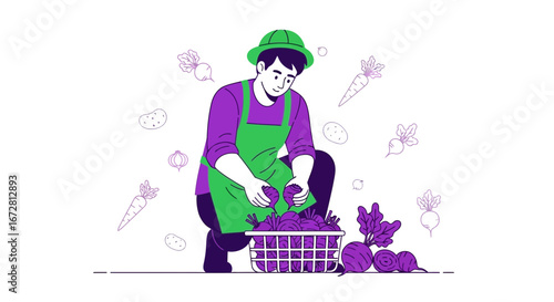 Farmer Harvesting Fresh Produce from Garden, Showing Organic Vegetables in Green Apron