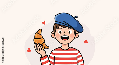 French Character With Croissant and Love Symbols Illustration Perfect For Culinary Designs