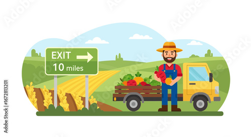 Farmer Harvesting Organic Vegetables from Farm, Transporting to Market Scene Illustration