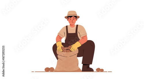 Farmer Harvesting Potatoes from a Sack Amidst a White Background Illustration