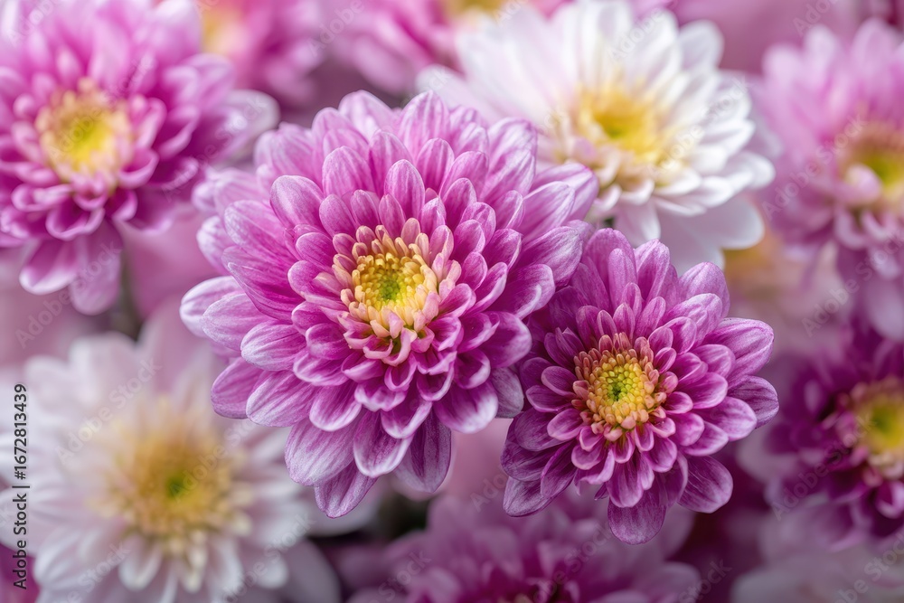 Colorful close up of white pink and yellow chrysanthemums on a floral backdrop Colorful close up of white pink and yellow chrysanthemums on a floral backdrop