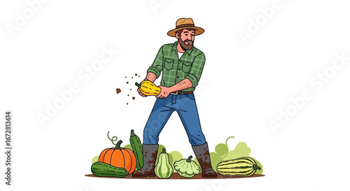 Farmer Harvesting Vegetables: An Illustrated Depiction Of Agriculture And Abundance