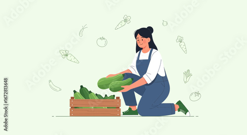 Farmer Harvesting Zucchinis From a Wooden Crate, Vegetable Garden Illustration
