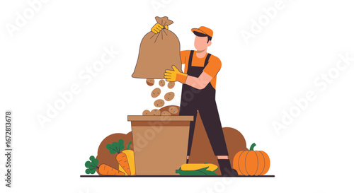 Farmer Harvests Potatoes, An Illustration Of Autumn Abundance And Fresh Produce