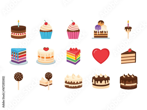 Assorted Cakes: A delightful assortment of cakes, cupcakes, cake pops, and a heart shape, all exquisitely illustrated in a vibrant and eye-catching style. A sweet visual feast for the eyes.