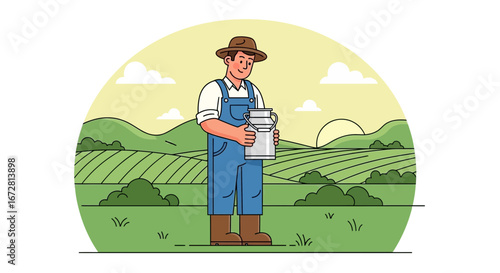 Farmer Holding A Milk Can In A Pastoral Setting With Rolling Green Hills And Sun