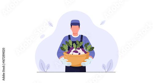 Farmer Holding Fresh Harvested Vegetables Bowl Ready to Be Marketed or Delivered Immediately