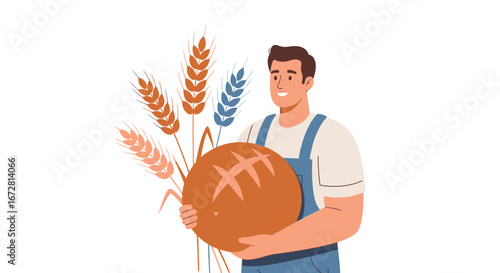 Farmer Holding Freshly Baked Loaf Of Bread Next To Wheat Stalks Illustration