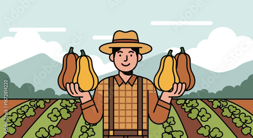 Farmer Holding Pumpkins In Field Depicting Harvest Season And Rural Agriculture