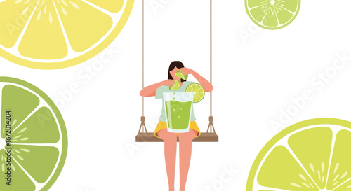 Fresh Citrus Refreshment: A Woman Squeezing Citrus Fruit Into a Glass On a Swing