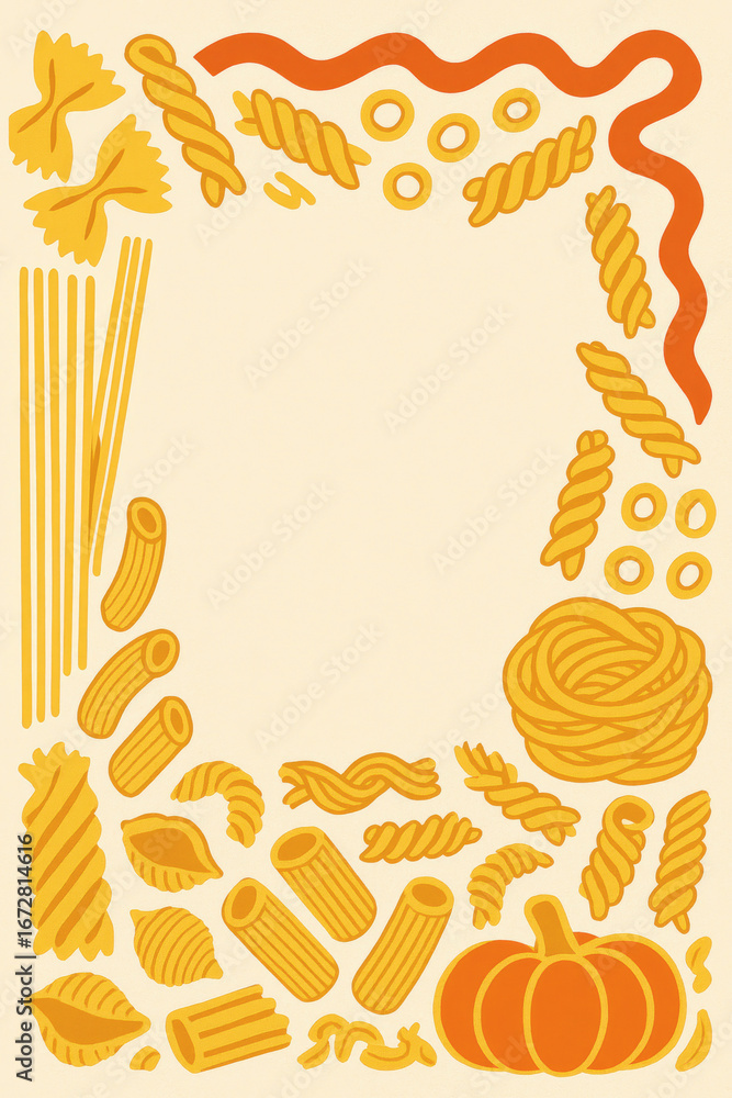 custom made wallpaper toronto digitalWorld Pasta Day Frame with colorful raw pasta border, pumpkin accent, fusilli and farfalle noodles in autumn tones, blank recipe card layout and cozy culinary elements for seasonal print