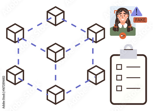 Blockchain network connection, deepfake alert on video, and clipboard checklist. Ideal for concepts of technology, cybersecurity, blockchain, validation, authentication, media ethics data
