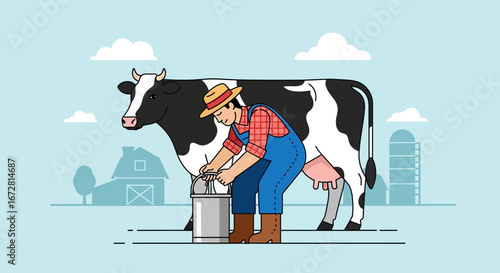 Farmer Milking Cow: A Pastoral Scene Capturing Rural Life and Dairy Farming Activities