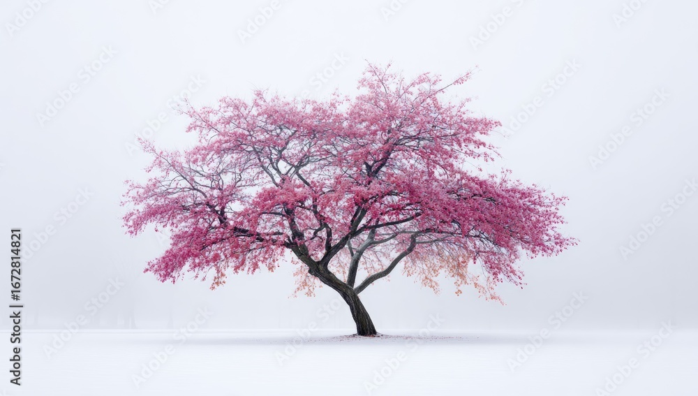 Obraz premium A solitary tree, its branches adorned with pink and orange hues, stands in a snowy field shrouded in a thick fog, creating a serene and ethereal winter scene