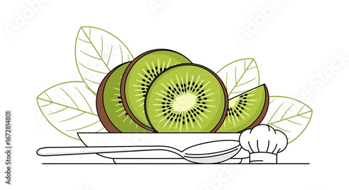 Fresh Kiwi Slices Arranged on a Plate with Culinary Elements Illustration