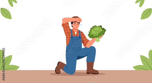 Farmer Panting, Holding Lettuce, Kneeling Down, Cartoon Illustration, Agriculture Concept