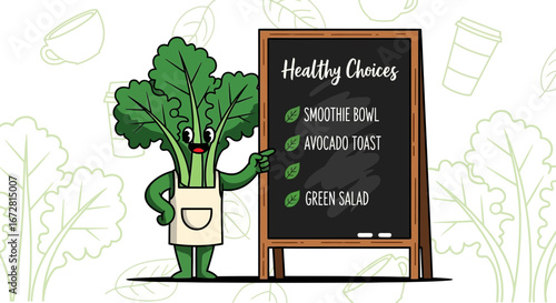 Fresh Menu Vegetable Promoting Healthy Food Options On A Blackboard With Cartoons