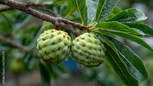 Ripe Custard Apple Fruits on Tree. Organic Planting with Leaves. Sugar Apple or Sweetsop Harvest.