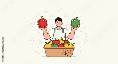 Farmer Presenting Fresh Bell Peppers from The Harvest to Show Quality and Abundance