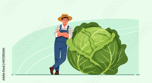 Farmer Proudly Posing Next To Large Cabbage, Agricultural Illustration, Fresh Harvest