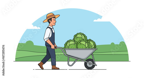 Farmer Pushing Wheelbarrow Full of Cabbage in Rural Field Landscape Illustration