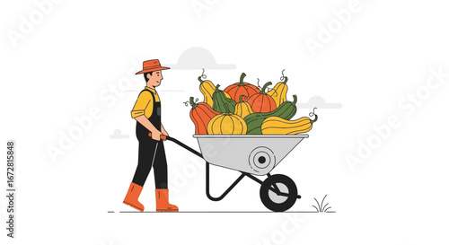 Farmer Pushing Wheelbarrow Laden With Squash During Autumn Harvest Season