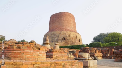 buddhist heritage site dhamek stupa with old remains in daylight