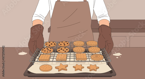 Freshly Baked Cookies Displayed on a Tray by Someone Wearing Oven Mitts