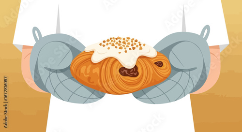 Freshly Baked Croissant Served with Sweet Frosting and Nuts in Culinary Scenario