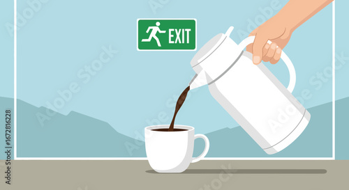 Freshly Brewed Coffee Served Near Exit Sign, A Conceptual Art for the Workplace