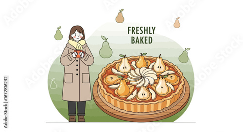 Freshly Baked Pear Pie, Lady with Coffee, Autumnal Season and Warmth Illustration