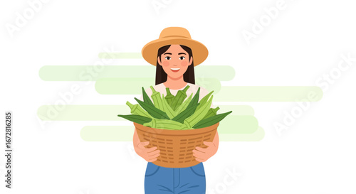 Farmer Smiling With Okra Harvest In A Wicker Basket Demonstrating Fresh Organic Food