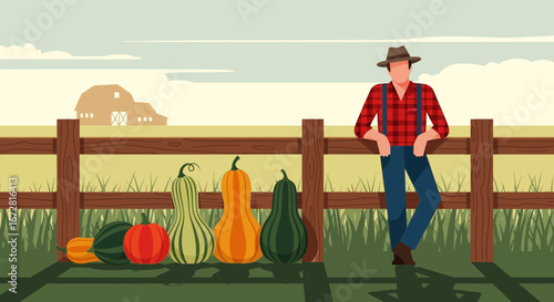 Farmer Standing Next to Harvested Gourds on a Sunny Day With a Wooden Fence