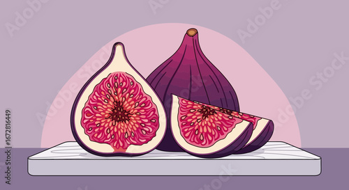 Freshly Cut Fig Fruit Illustration, Showing Detail on a Cutting Board Background