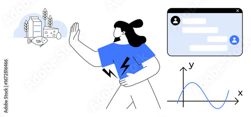 Woman avoiding dairy products with hand gesture, clutching stomach, chat messages on window, sine graph. Ideal for lactose intolerance, allergies, communication, data, health apps analysis simple