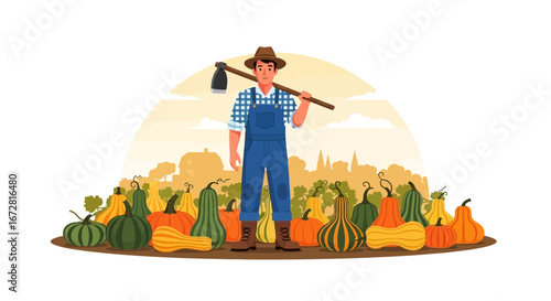 Farmer Stands Proudly Amidst Harvested Gourds on a Sunny Autumnal Scene