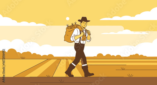 Farmer Strolling Across Golden Fields Carrying Harvest, Illustration Of Rural Life And Labor