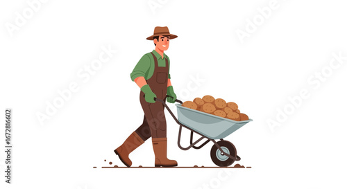 Farmer Transporting Harvested Potatoes in Wheelbarrow Illustrating Agriculture and Farming