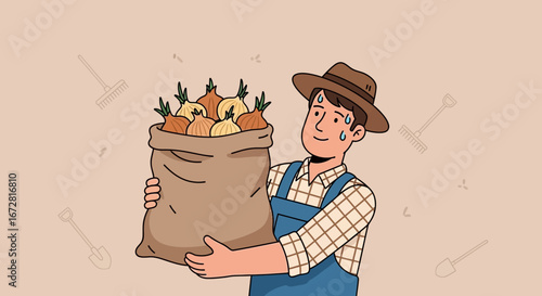 Farmer Triumphantly Carrying Hefty Sack of Harvested Onions in a Field