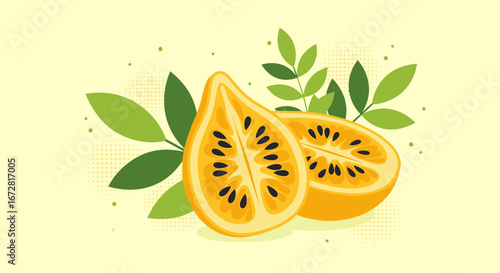 Freshly Cut Tropical Fruit With Green Leaves On A Pale Yellow Background Illustration Design